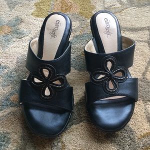 Eurosoft Black Heeled Slip-on Leather Sandals 6M
